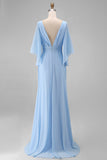 Sky Blue Chiffon Mermaid V-Neck Ruched Long Mother of the Bride Dress with Sleeves