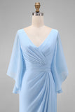 Sky Blue Chiffon Mermaid V-Neck Ruched Long Mother of the Bride Dress with Sleeves