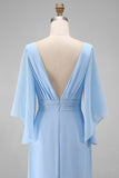 Sky Blue Chiffon Mermaid V-Neck Ruched Long Mother of the Bride Dress with Sleeves