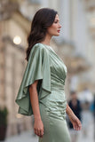 Sage Green Satin Ruched Mother of the Bride Dress with Half Sleeve