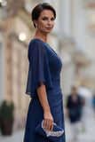 Chiffon Navy Ruched A Line Mother of the Bride Dress with Half Sleeve