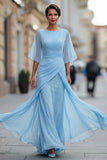 Chiffon Navy Ruched A Line Mother of the Bride Dress with Half Sleeve