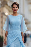 Chiffon Navy Ruched A Line Mother of the Bride Dress with Half Sleeve