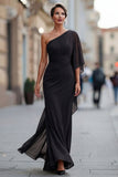 Sage Green One Shoulder Chiffon Ruched Mermaid Mother of the Bride Dress with Sleeve