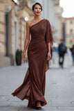 Sage Green One Shoulder Chiffon Ruched Mermaid Mother of the Bride Dress with Sleeve