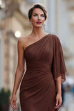 Sage Green One Shoulder Chiffon Ruched Mermaid Mother of the Bride Dress with Sleeve