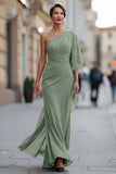 Sage Green One Shoulder Chiffon Ruched Mermaid Mother of the Bride Dress with Sleeve