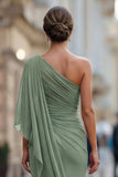 Sage Green One Shoulder Chiffon Ruched Mermaid Mother of the Bride Dress with Sleeve