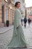 Sage Green Chiffon Ruffled Mermaid Ruched Mother of the Bride Dress with Sleeve