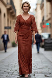 Lace Rust Sheath Ruched Mother of the Bride Dress with Half Sleeve