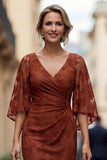 Lace Rust Sheath Ruched Mother of the Bride Dress with Half Sleeve