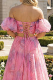 Off The Shoulder Pink A Line Maxi Dress with Slit