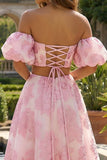 Pink A Line Off The Shoulder Long Jacquard Dress with Lace Up Back