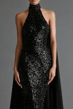 Sparkly Black Mermaid Halter Maxi Dress with Streamer