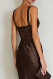 Simple Coffee Satin Sheath Maxi Dress with Slit