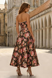 Strapless A-Line Printed Black Pink Flower Midi Dress with Pearls