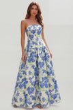 Strapless A-Line Blue White Flower Printed Maxi Wedding Guest Dress