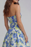 Strapless A-Line Blue White Flower Printed Maxi Wedding Guest Dress