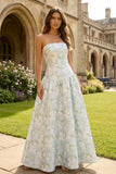 Strapless A-Line Blue White Flower Printed Maxi Wedding Guest Dress