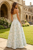 Strapless A-Line Blue White Flower Printed Maxi Wedding Guest Dress