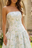 Strapless A-Line Blue White Flower Printed Maxi Wedding Guest Dress