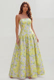 Strapless A-Line Blue White Flower Printed Maxi Wedding Guest Dress
