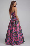 Strapless A-Line Blue White Flower Printed Maxi Wedding Guest Dress