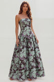 Strapless A-Line Blue White Flower Printed Maxi Wedding Guest Dress