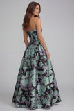 Strapless A-Line Blue White Flower Printed Maxi Wedding Guest Dress