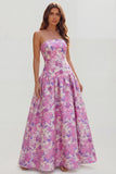 Strapless A-Line Blue White Flower Printed Maxi Wedding Guest Dress