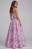 Strapless A-Line Blue White Flower Printed Maxi Wedding Guest Dress