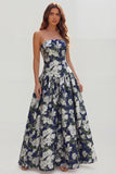 Strapless A-Line Blue White Flower Printed Maxi Wedding Guest Dress