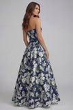 Strapless A-Line Blue White Flower Printed Maxi Wedding Guest Dress