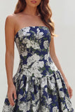 Strapless A-Line Blue White Flower Printed Maxi Wedding Guest Dress