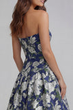 Strapless A-Line Blue White Flower Printed Maxi Wedding Guest Dress