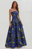 Strapless A-Line Blue White Flower Printed Maxi Wedding Guest Dress