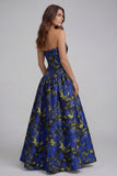 Strapless A-Line Blue White Flower Printed Maxi Wedding Guest Dress