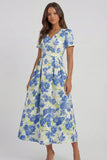 Blue White Flower Printed A-Line Short Sleeves Maxi Wedding Guest Dress