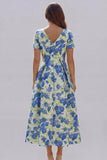Blue White Flower Printed A-Line Short Sleeves Maxi Wedding Guest Dress