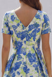 Blue White Flower Printed A-Line Short Sleeves Maxi Wedding Guest Dress