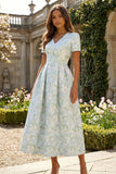 Blue White Flower Printed A-Line Short Sleeves Maxi Wedding Guest Dress