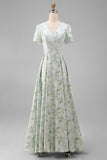 Blue White Flower Printed A-Line Short Sleeves Maxi Wedding Guest Dress