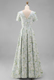 Blue White Flower Printed A-Line Short Sleeves Maxi Wedding Guest Dress