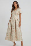 Blue White Flower Printed A-Line Short Sleeves Maxi Wedding Guest Dress