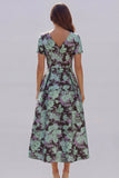 Blue White Flower Printed A-Line Short Sleeves Maxi Wedding Guest Dress