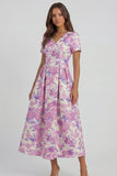 Blue White Flower Printed A-Line Short Sleeves Maxi Wedding Guest Dress