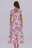 Blue White Flower Printed A-Line Short Sleeves Maxi Wedding Guest Dress