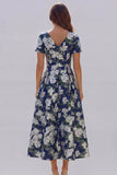 Blue White Flower Printed A-Line Short Sleeves Maxi Wedding Guest Dress