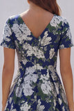 Blue White Flower Printed A-Line Short Sleeves Maxi Wedding Guest Dress