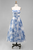 White Blue Flower Strapless A-Line Ruched Midi Wedding Guest Dress